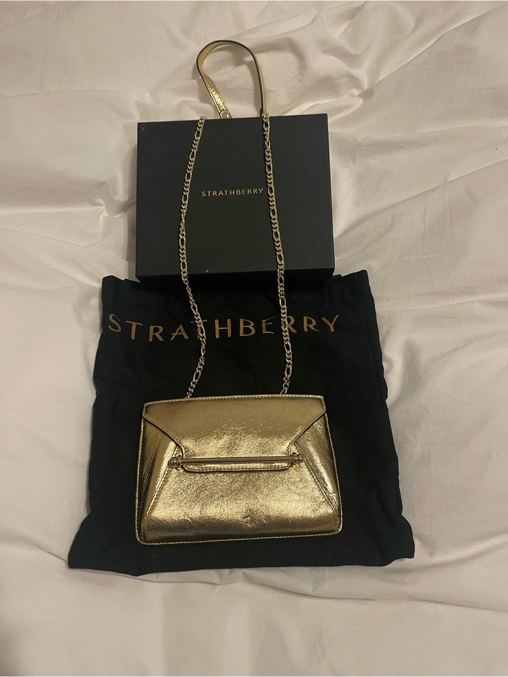 Strathberry Metallic Gold Mini Crossbody with Chain Strap